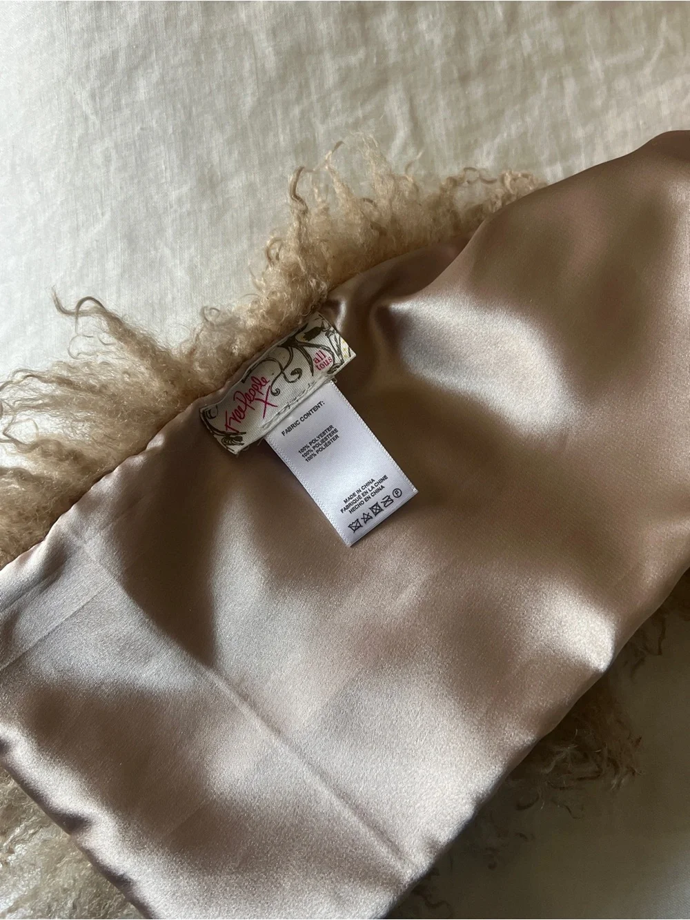Free People Faux Fur Trim Satin Scarf in Taupe
